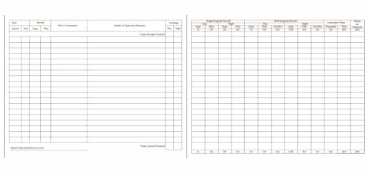 Open Pilot’s Flying Log Book by RBE shows two ruled aviation record pages with columns for aircraft details, times, routes, and comments.