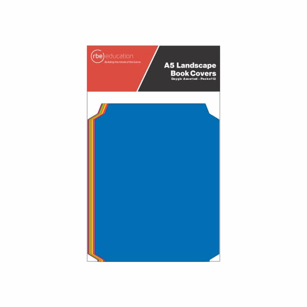 Bright blue A5 landscape dayglo book covers from RBE Education, with assorted neon edges and pre-cut schoolbook sizing for neat protection.