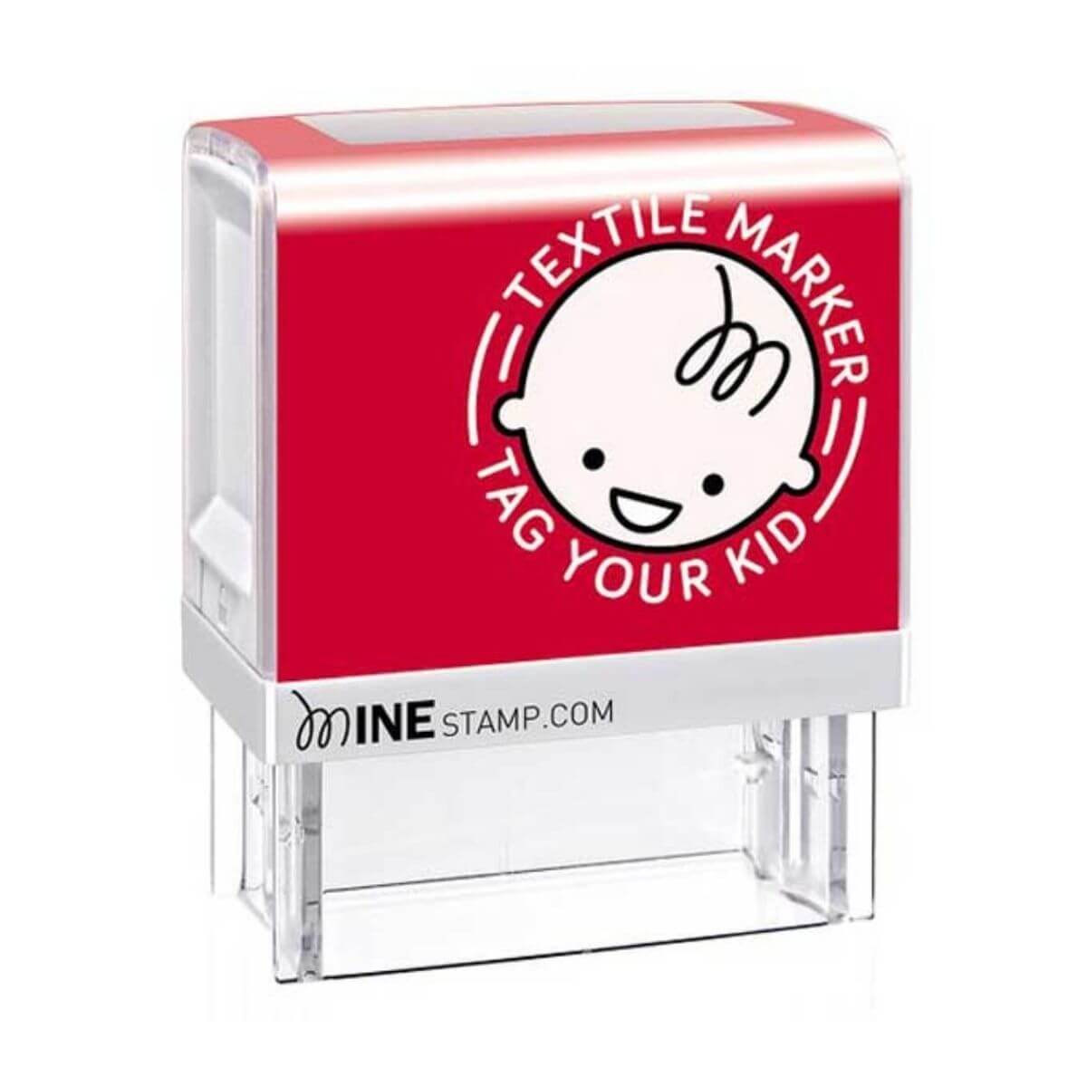 A red MINE textile marker stamp shows a cartoon child face and the words TAG YOUR KID, with clear acrylic parts and MINESTAMP.COM branding on the front.