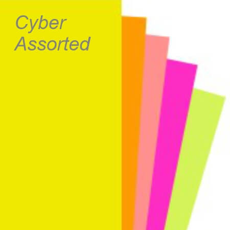 Cyber Assorted Mixed Paper displays bright assorted colour sheets with the word Cyber Assorted printed on the front.
