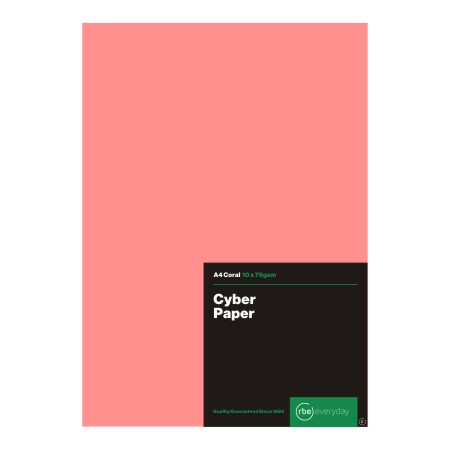 A coral pink paper sheet is shown with a black RBE Everyday label that reads Cyber Paper and A4 Coral 10 x 75gm.