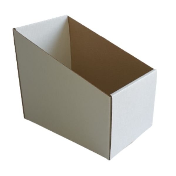 A white and brown Display Bin Box #1 from RBE is shown in an open-top rectangular kraft design.