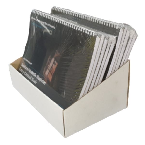 A kraft display bin box #7 holds several plastic-wrapped notebooks or registers with dark covers and white spines.