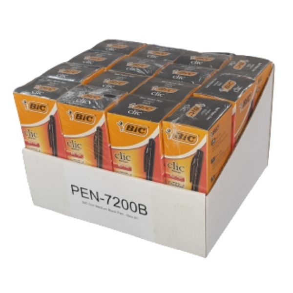 An open white display bin holds multiple Bic Clic pen packs, with PEN-7200B printed on the front panel.