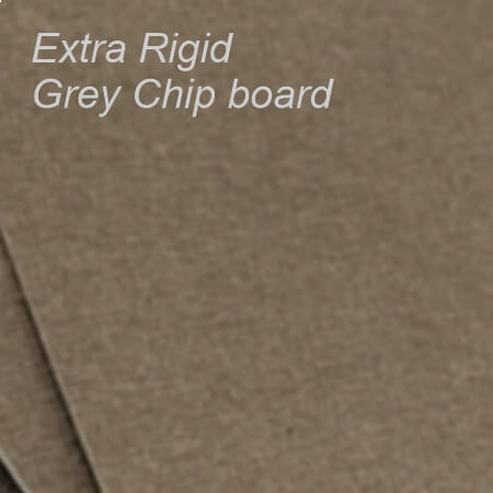 Grey chipboard colour swatch with a textured surface and overlapping panels, labeled Extra Rigid Grey Chipboard