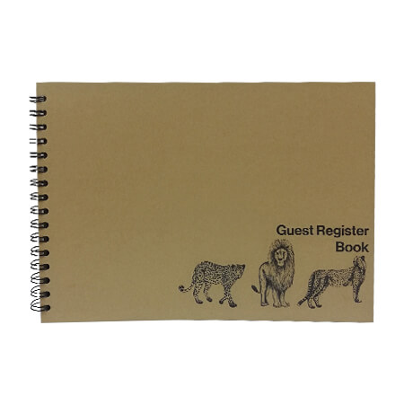 Brown kraft Guest Register Book cover with black spiral binding and three wildlife sketches beside the title.
