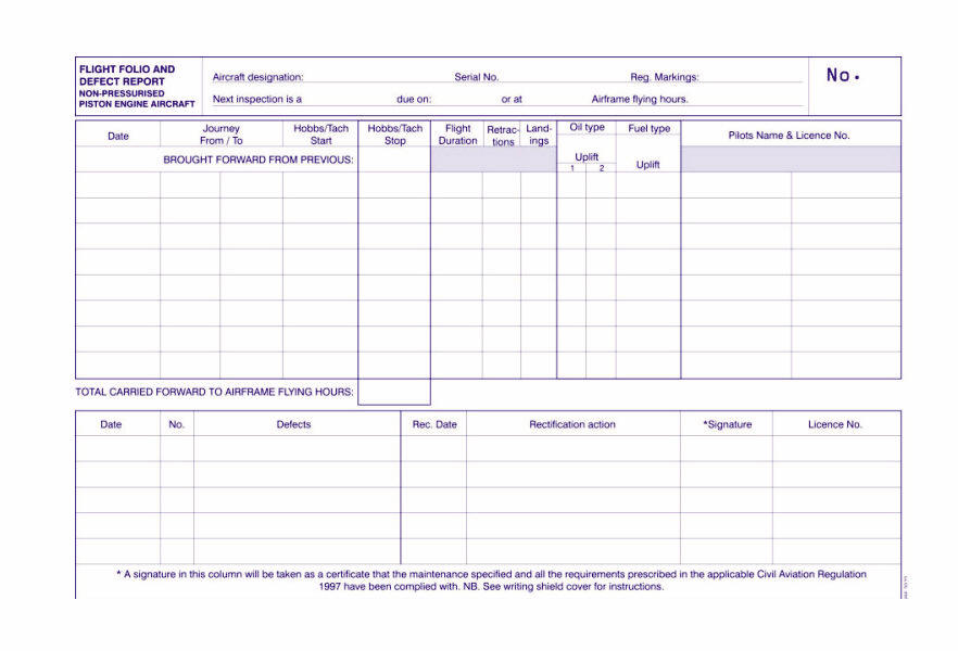 Aircraft Flight Folio log book form shows columns for journey details, aircraft data, fuel use, defects, and signatures.