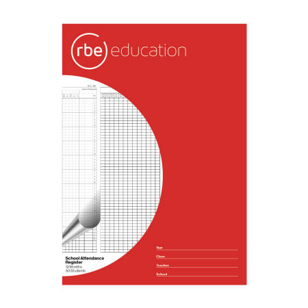 A red rbe education School Attendance Register cover shows a white grid panel and blank lines for year, class, teacher and school at the bottom area.