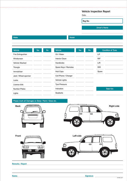 A vehicle inspection report form from the RBE Vehicle Inspection Book with check boxes, driver details, tyre condition, and damage diagrams.