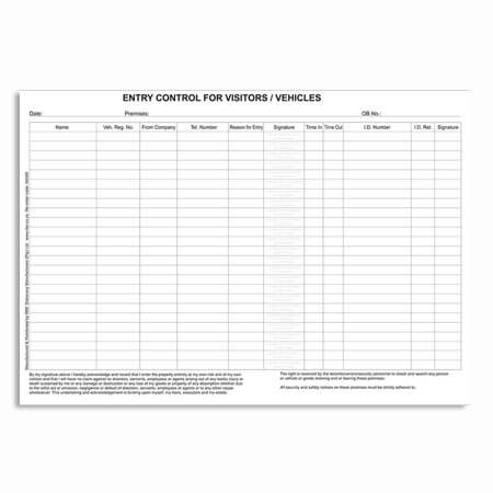 A ruled register titled ENTRY CONTROL FOR VISITORS / VEHICLES shows columns for names, vehicle data, ID numbers, times, and signatures.