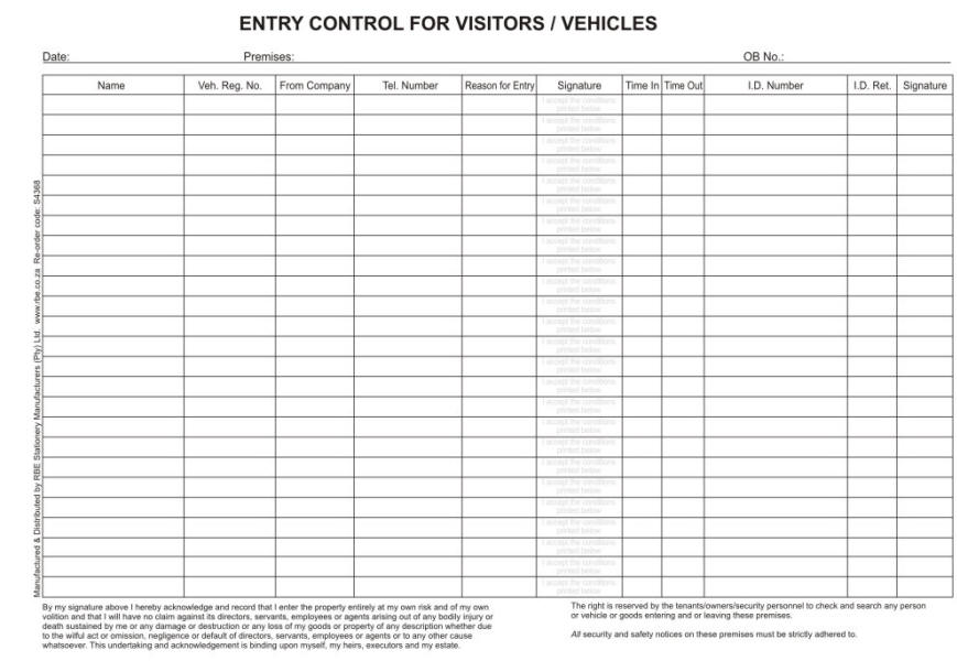 s4368 security entry control visitor vehicle book rbe