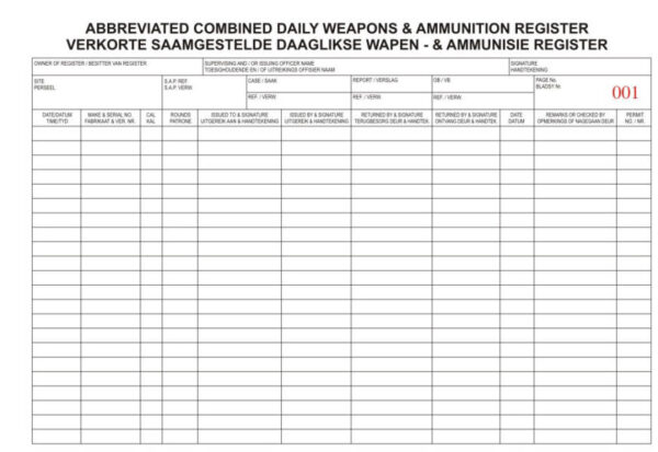 Firearms Key Register Daily Weapons & Ammunition Register
