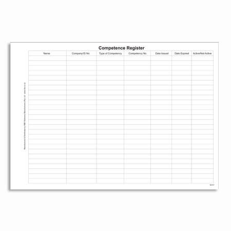 A clean white competence register sheet shows a centered header and a large ruled table with columns for company and expiry details on a pale background.