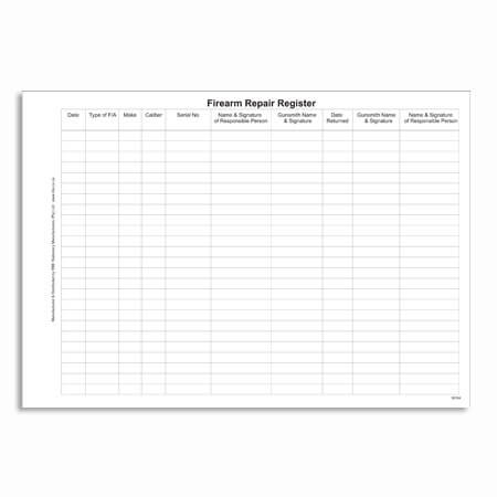 A white RBE firearm repair register form shows ruled columns for date, firearm type, maker, serial number, return date, and signatures.